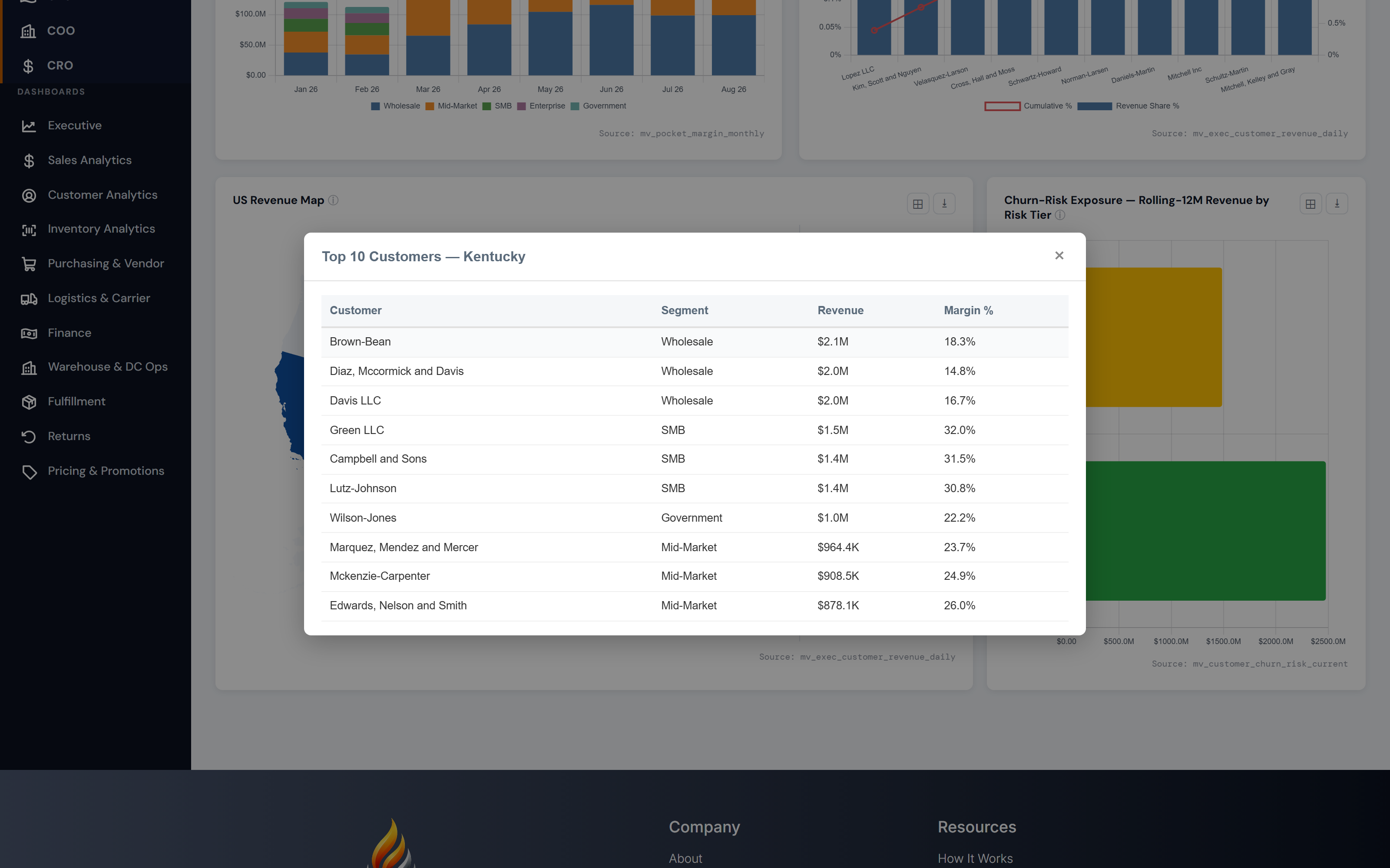 Top 10 customers modal for Texas showing customer, segment, revenue, and margin